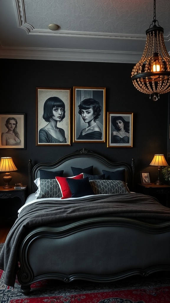 A dark bedroom featuring bold artwork of women in gold frames against a dark wall, with a vintage bed and warm lighting.