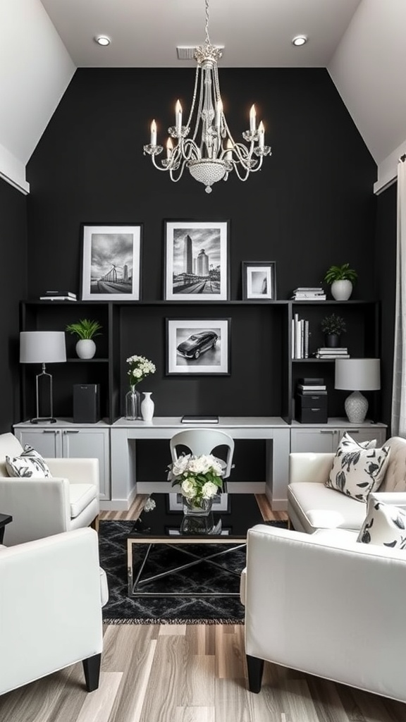 A stylish home office featuring a bold black accent wall, elegant white furniture, and chic decor.