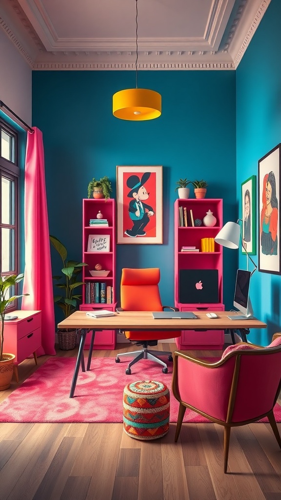 A vibrant home office with bold blue walls, pink bookshelves, and an orange chair, showcasing a colorful and inspiring workspace.