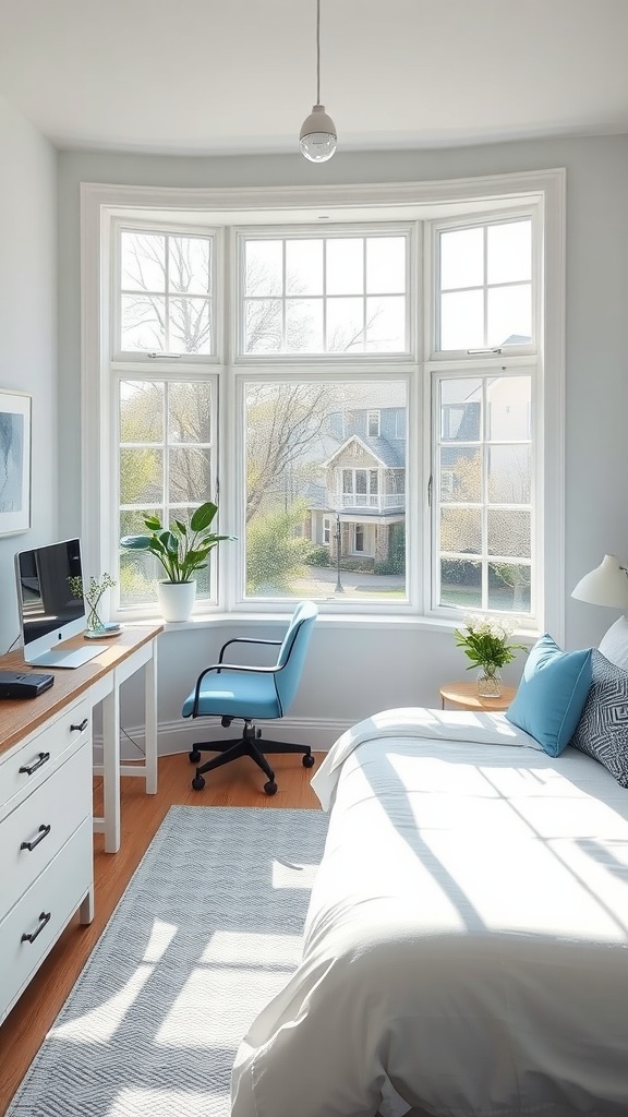 Bright and airy bedroom with a workspace featuring large windows, modern desk, blue chair, and cozy bedding.