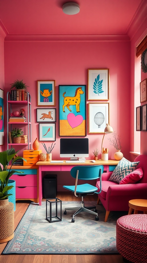 Bright and colorful small home office with pink walls, cozy desk, and vibrant artwork.