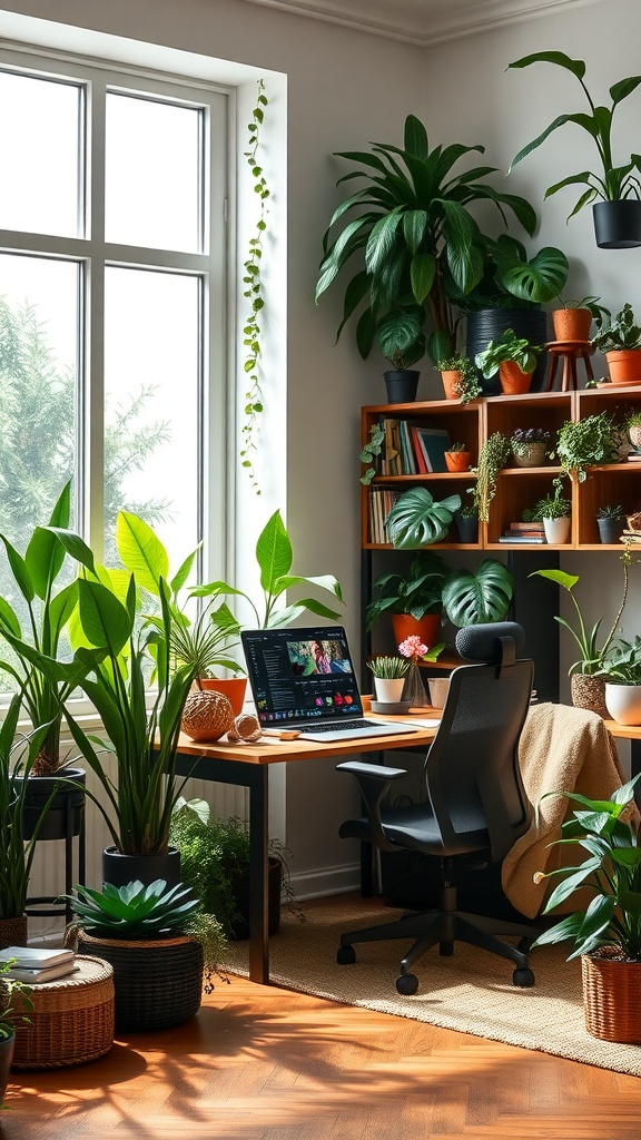 Bright indoor garden office with a desk surrounded by various plants and natural light from a window.