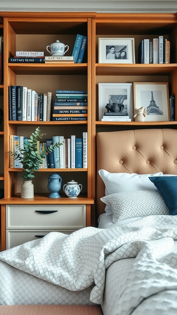 Cozy corner of a stylish blue and white bedroom with a bookshelf and bed.