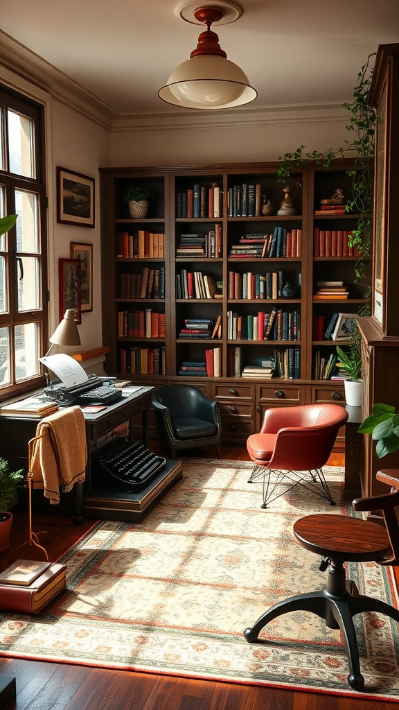 A cozy writer's retreat featuring a vintage typewriter, bookshelves filled with books, warm lighting, and comfortable seating