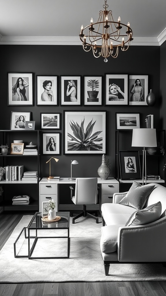 Chic black and white gallery wall in a home office with black wall, white furniture, and stylish decor.