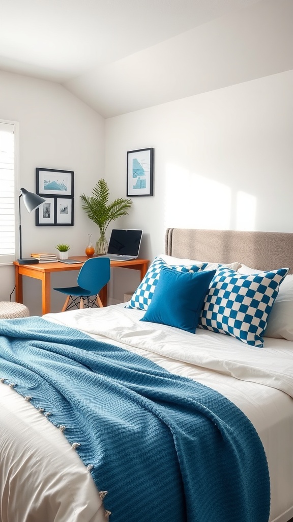 Chic blue and white throw pillows on a bed with a cozy desk area in a stylish bedroom design.