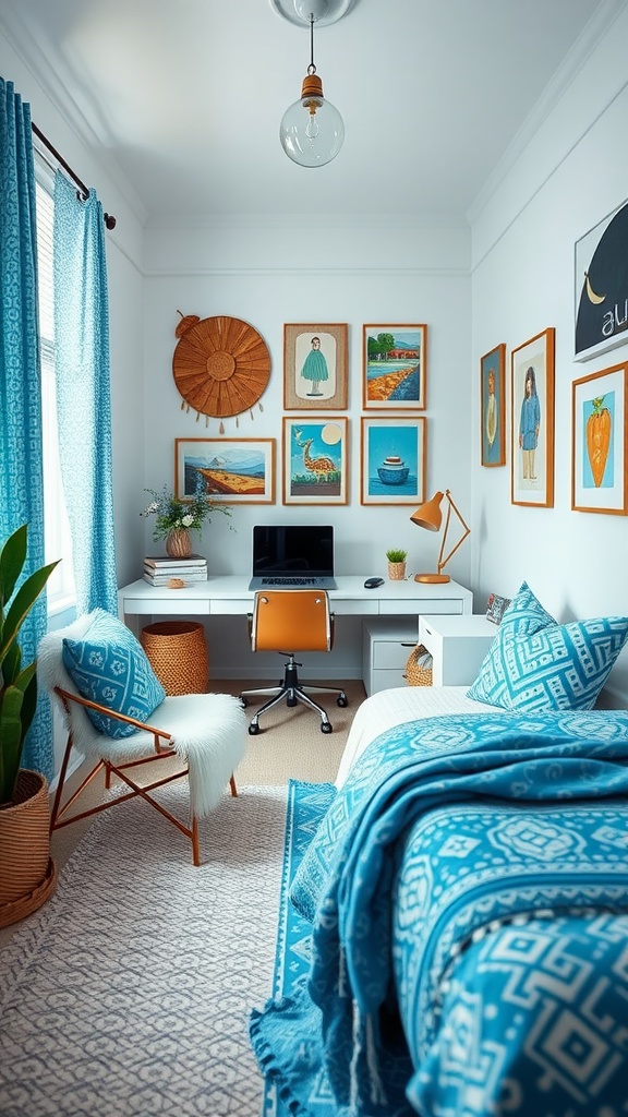 A chic blue and white study area featuring a cozy desk, patterned bedding, and artistic wall decor.