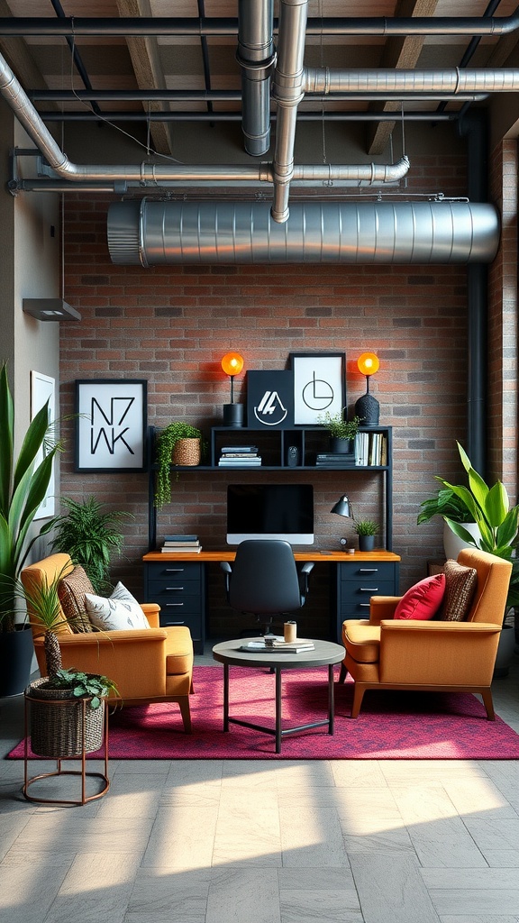 Chic industrial home office with exposed brick, orange armchairs, and a cozy desk setup