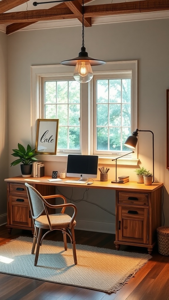 A cozy home office with a stylish pendant light, a laptop, and a cup of tea on a wooden desk near a large window