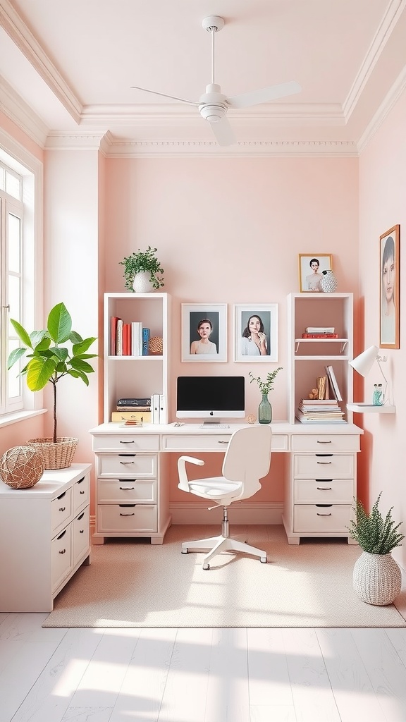 A chic pastel home office featuring a white desk, cozy chair, and decorative plants against a soft pink wall.