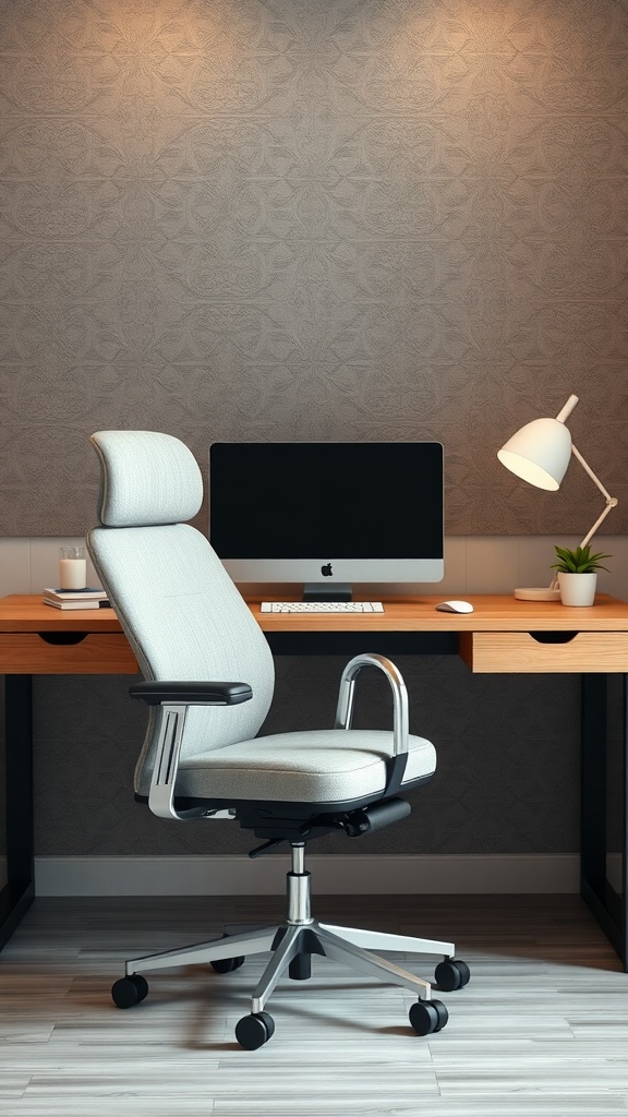 A modern office setup featuring an ergonomic chair and a sleek wooden desk with a computer.