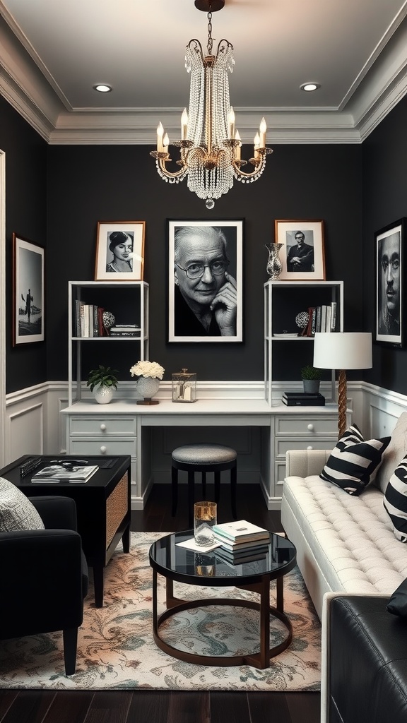 A classic black and white home office featuring striped cushions, framed black and white photos, and elegant decor.