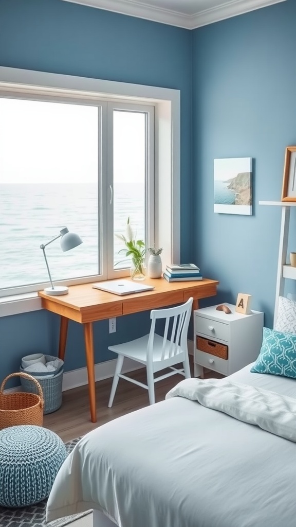 A coastal-inspired bedroom office nook featuring blue walls, a wooden desk, and a view of the sea.