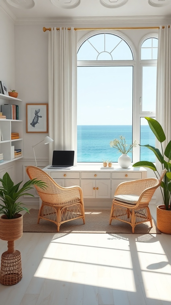 A bright coastal office with rattan chairs, a cozy desk, and a stunning ocean view.