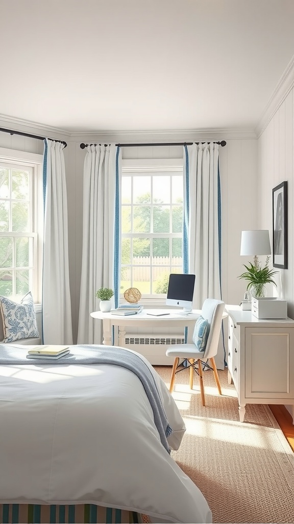 A coastal chic home office setup in a bright bedroom with a white desk and blue accents.