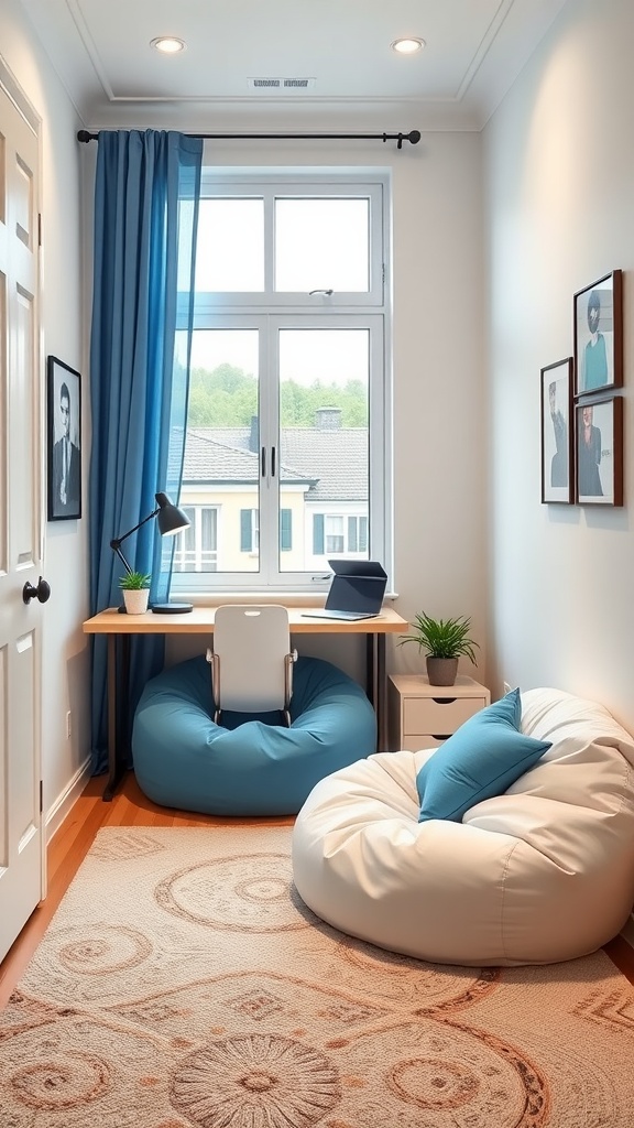 A cozy bedroom office featuring blue and white bean bags, a desk, and natural light.