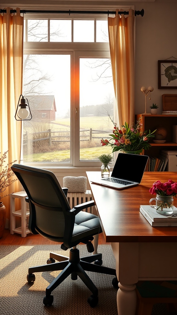 A cozy office setup with a stylish chair, desk, laptop, and flowers, illuminated by warm sunlight