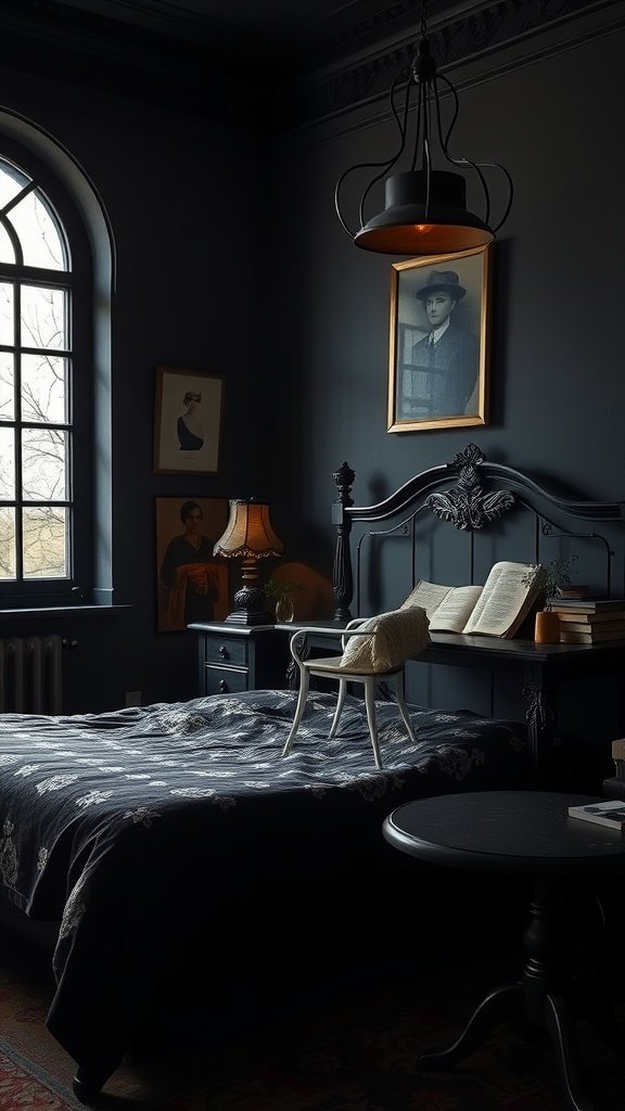 A cozy dark-toned bedroom with a reading nook, featuring a bed with a quilt, a small chair, and books on a dresser.