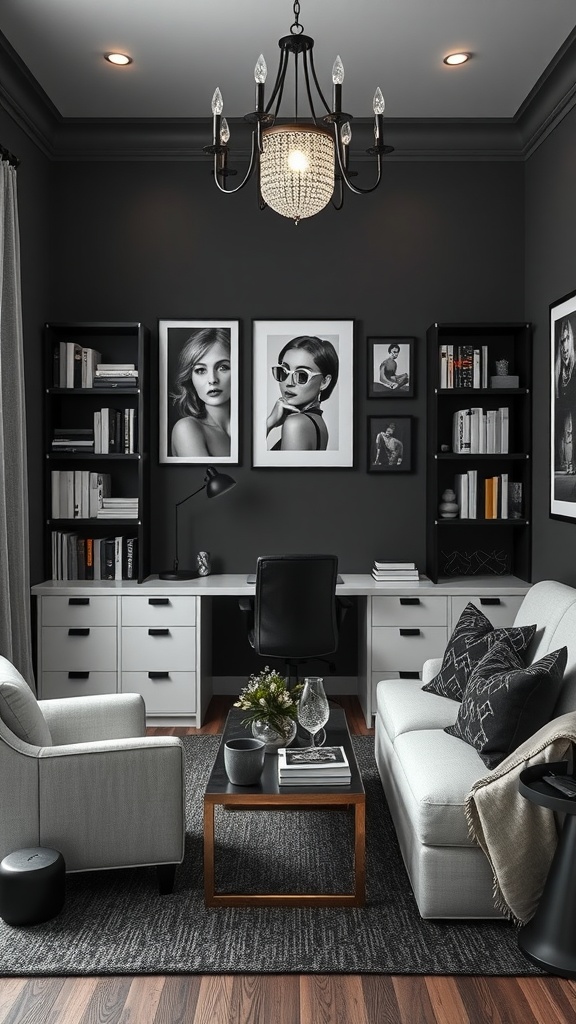 Elegant home office with black and white decor, featuring comfortable seating and stylish accents.