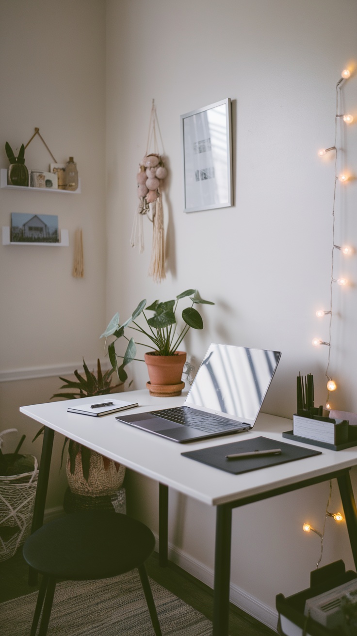 A compact home office setup featuring a black desk, rolling chair, laptop, and storage drawers.