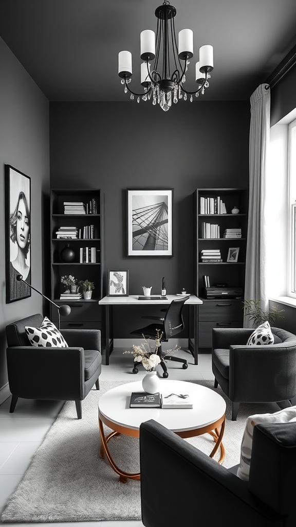 A contemporary black and white home office featuring black furniture, a stylish chandelier, and elegant decor.