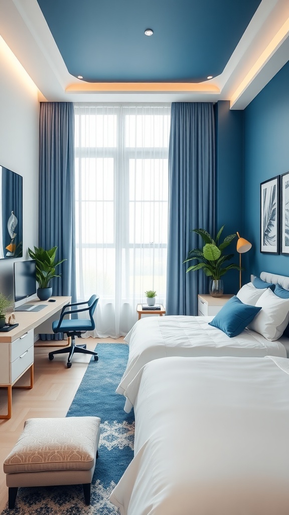 A contemporary blue and white bedroom featuring a cozy home office setup with a desk and chair, plants, and natural light.