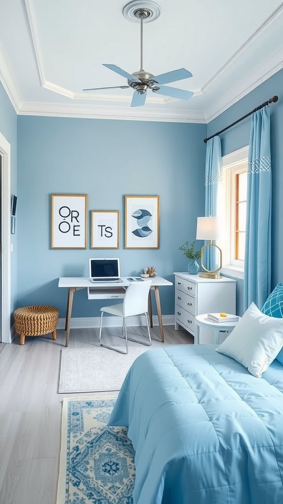 Cozy blue and white bedroom with a work desk, art on the wall, and a warm aesthetic.