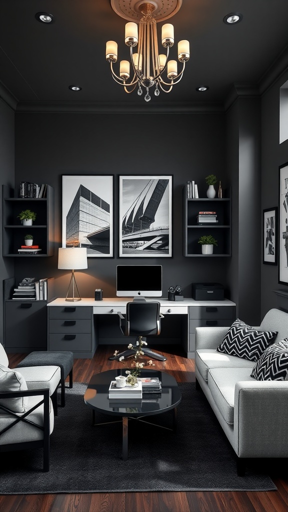 Stylish contemporary home office with black walls, modern furniture, and elegant decor.