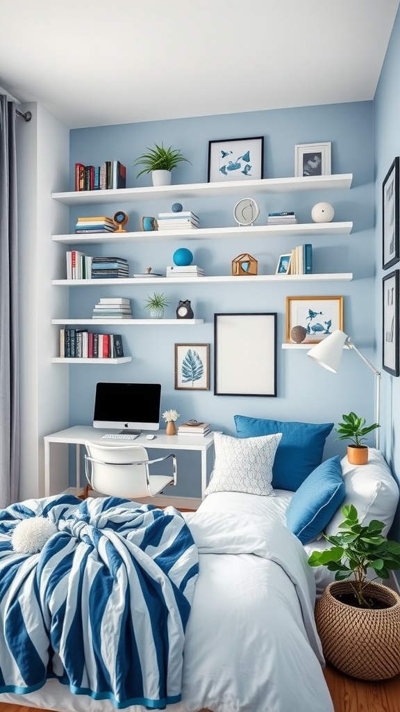 A contemporary bedroom with blue walls, modern wall shelves displaying books and decor, a cozy desk, and a stylish bed with striped bedding.