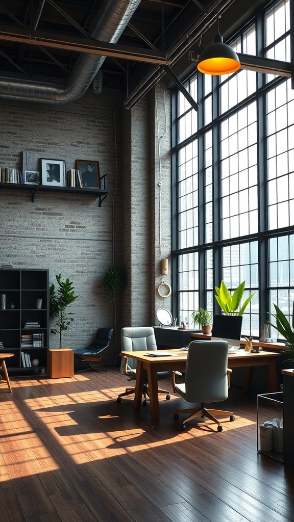 A spacious contemporary warehouse loft home office with large windows, plants, and wooden furniture