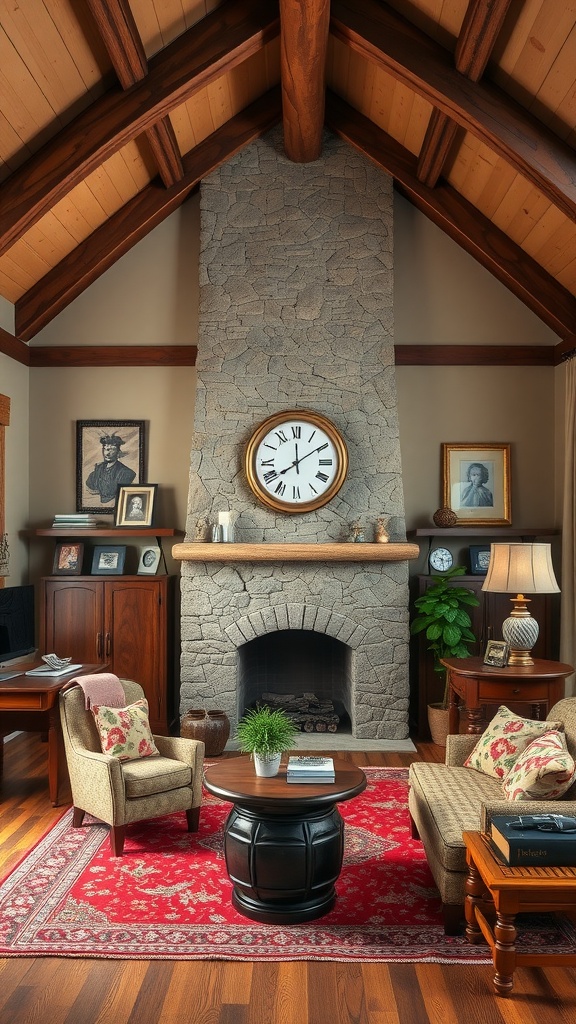 A cozy cottage office with a stone fireplace, wooden beams, and comfortable seating.