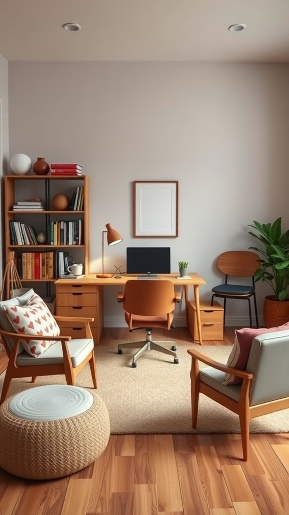 A cozy Scandinavian study featuring warm textiles, a stylish desk, and comfortable seating.