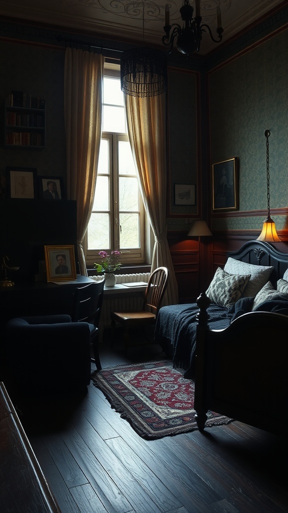 A cozy moody bedroom with a reading area, featuring warm textiles and vintage decor.