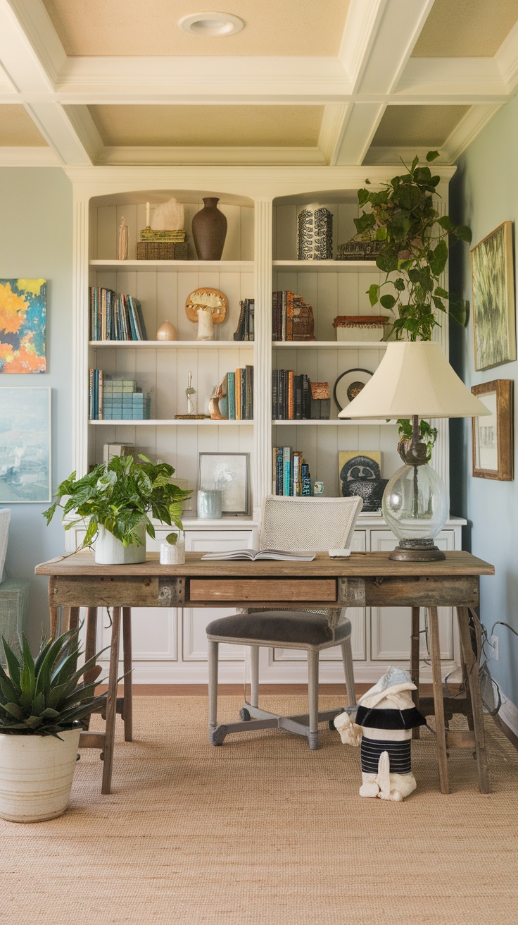 A cozy home office setup with a wooden desk, laptop, tea, and soft curtains, illuminated by sunset.