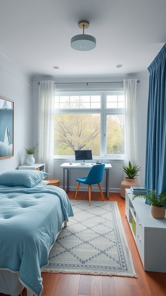 A serene bedroom with a cozy bed, a small desk, and large windows allowing natural light.