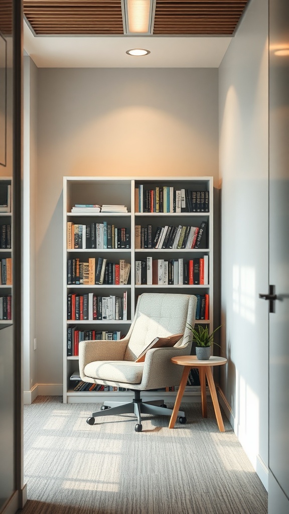 A cozy reading nook in a small office featuring a comfortable chair, a side table, and a bookshelf filled with books.