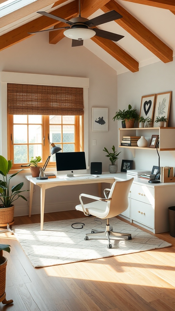 A small home office with a desk, chair, and plants, featuring natural light and a cozy atmosphere.