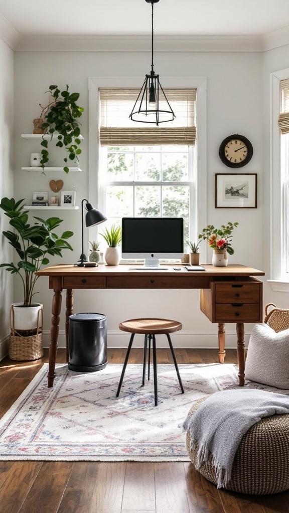 A cozy desk setup in a bright room with flowers, a laptop, and a cup of tea, featuring a warm aesthetic.