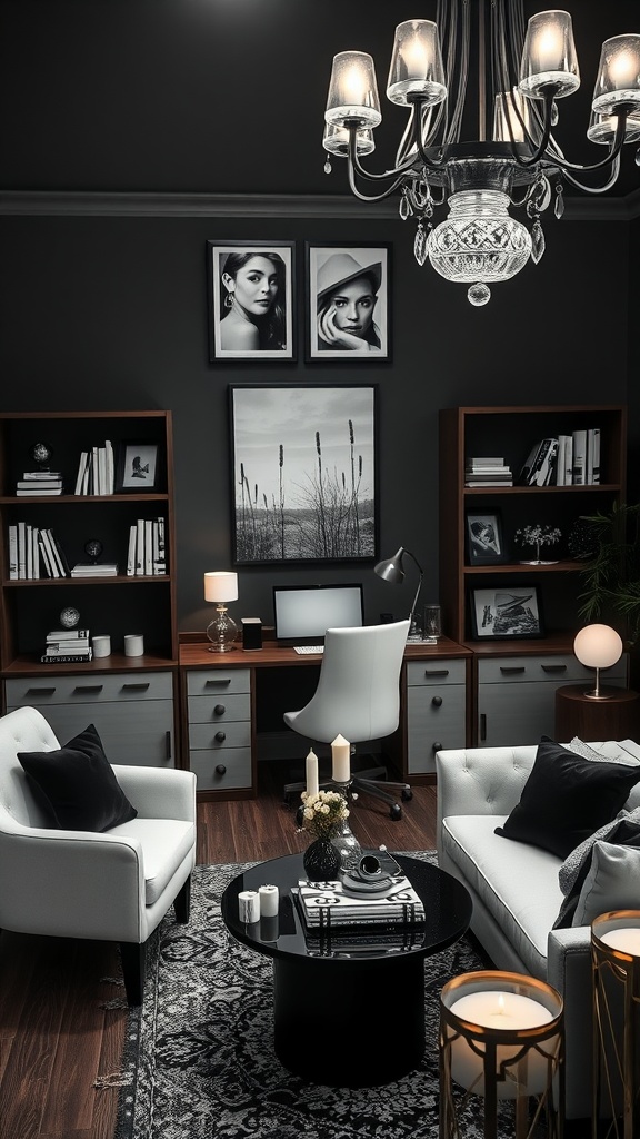 Elegant black and white home office with candlelight decor