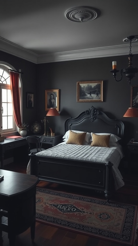 A dark moody bedroom with a vintage decor, featuring a bed, desk, and bookshelves, creating zones for work and relaxation.