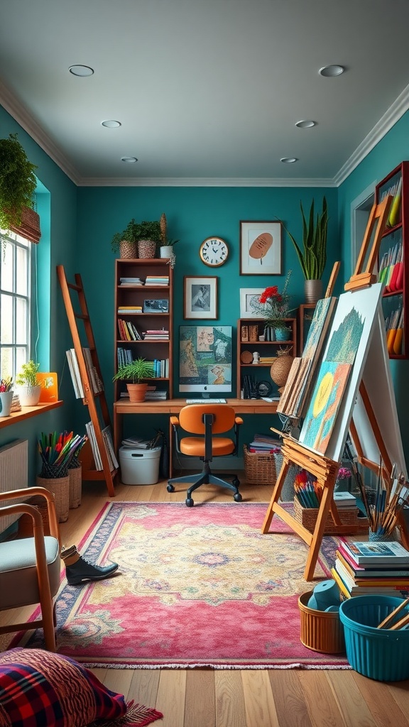 A creative art studio featuring teal walls, an orange chair, a desk with art supplies, a cozy rug, and bookshelves.