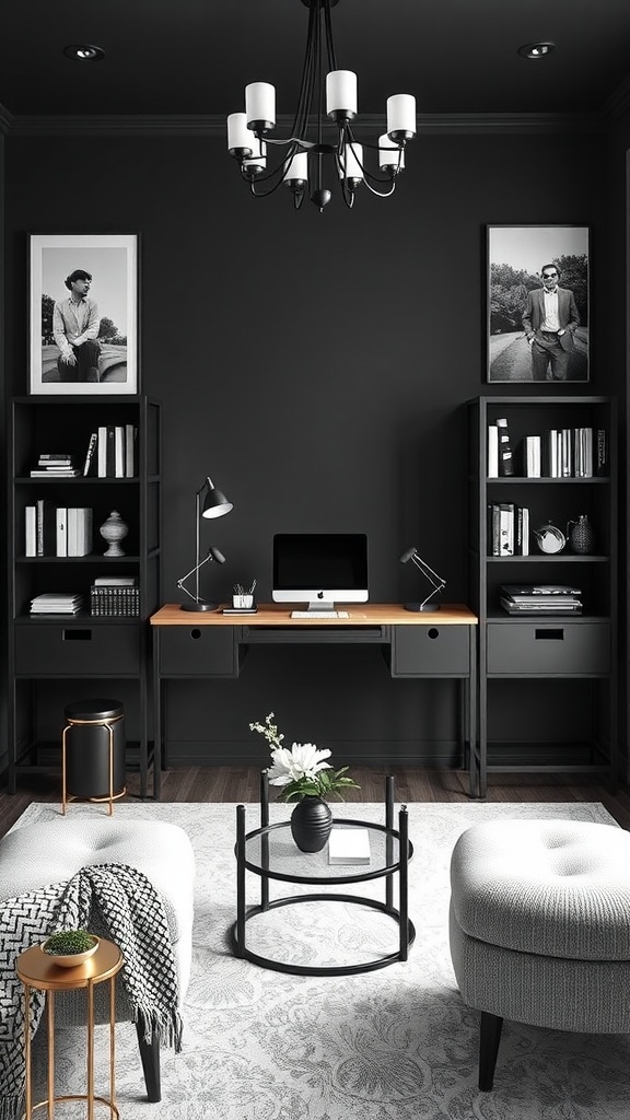 Creative black and white home office with modern desk layout and stylish decor