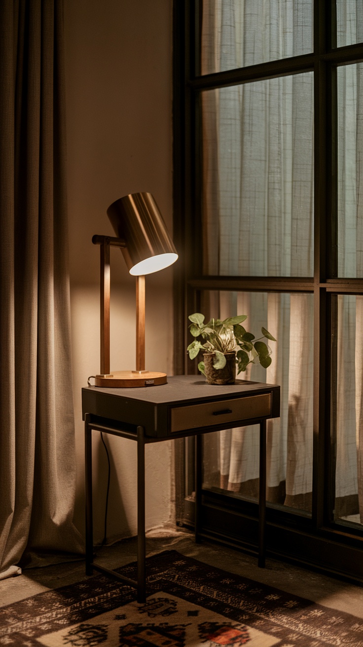 A desk lamp illuminating a wooden table in a dark room