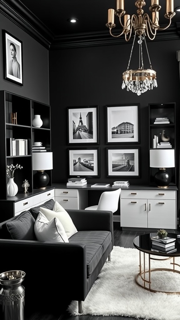 A stylish black and white home office featuring elegant decor and a chandelier.