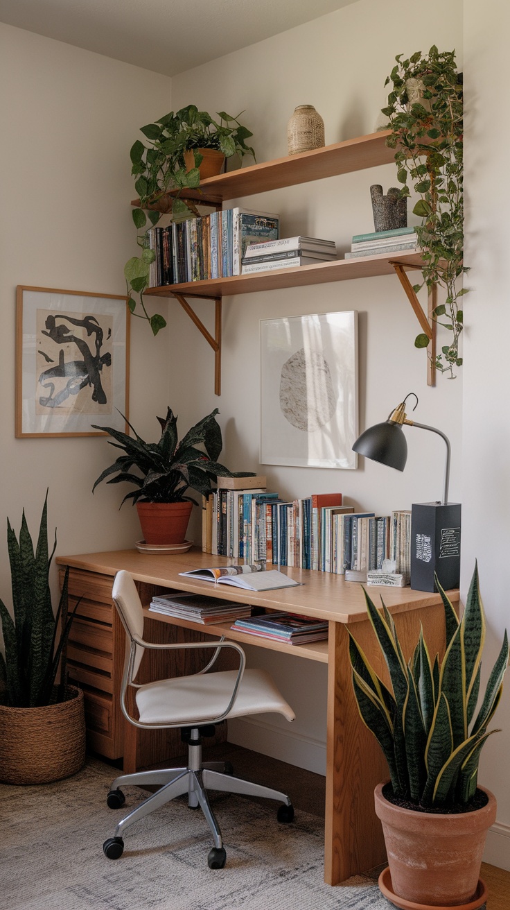 A cozy corner home office setup with plants, art, and a desk.