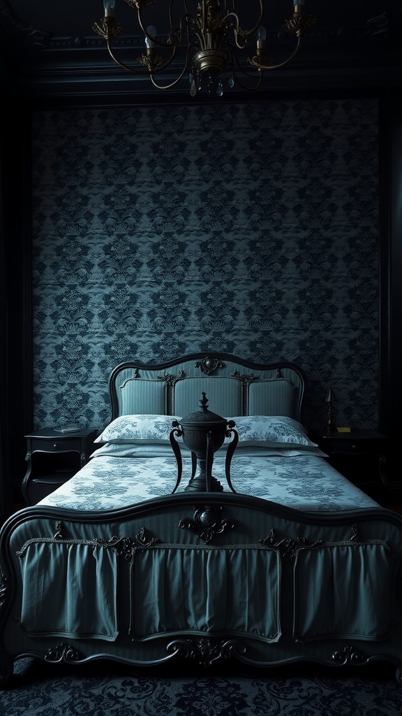 A dark-patterned wallpaper in a moody bedroom featuring a vintage bed and stylish decor.