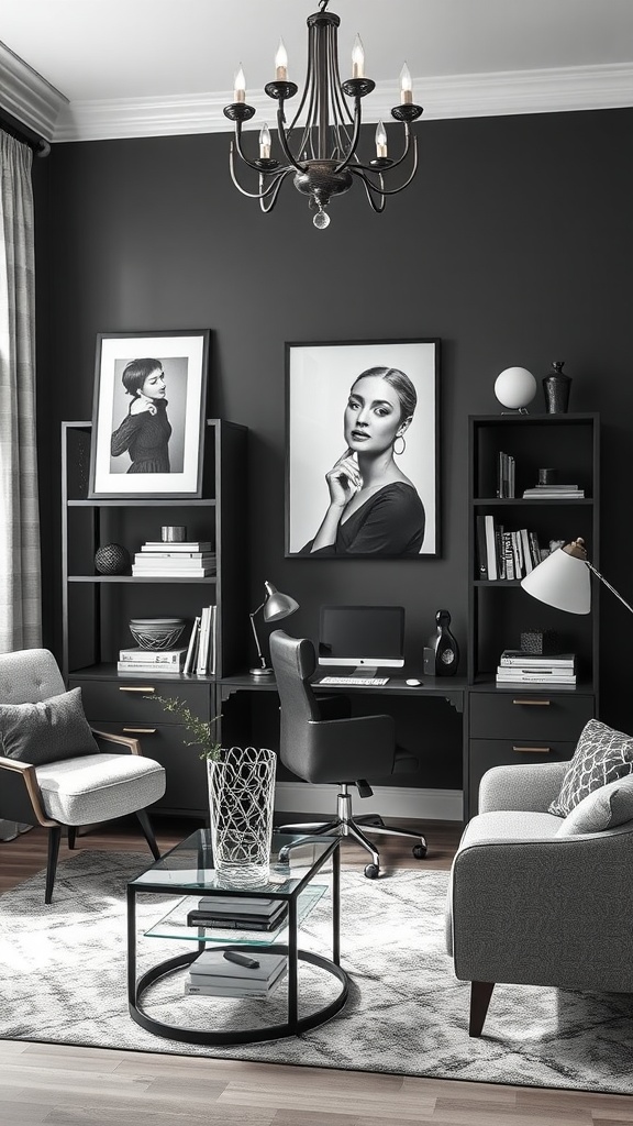 A stylish black and white home office featuring black walls, a black desk, and elegant decor.