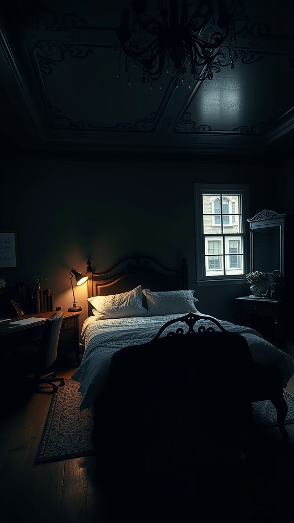 A darkly lit bedroom featuring a dark ceiling, a cozy bed, and a desk area