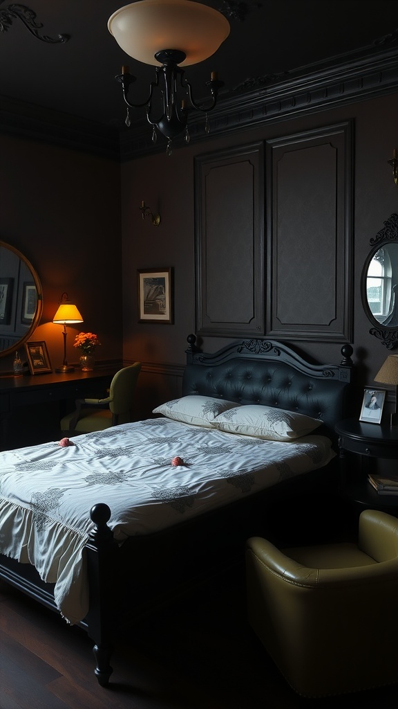 Cozy bedroom with dark wood furniture, a neatly made bed, and soft lighting.