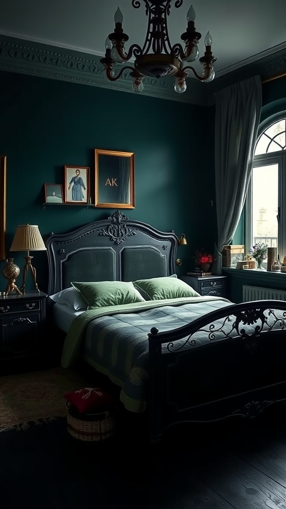 A dark, moody bedroom featuring deep green walls, an ornate bed, and vintage decor.